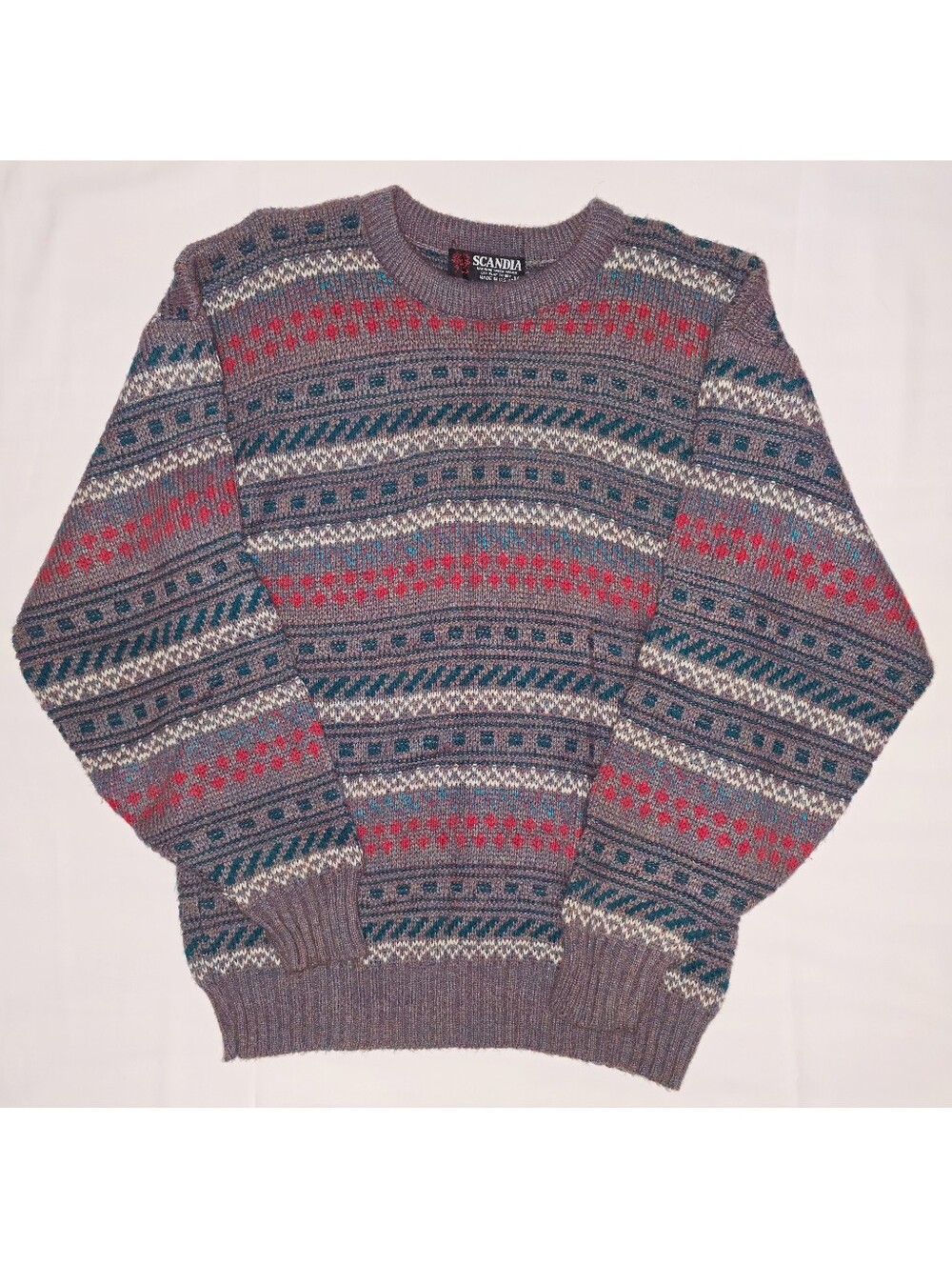 Scandia Vintage-Style Gray Patterned Crewneck Sweater - Men's